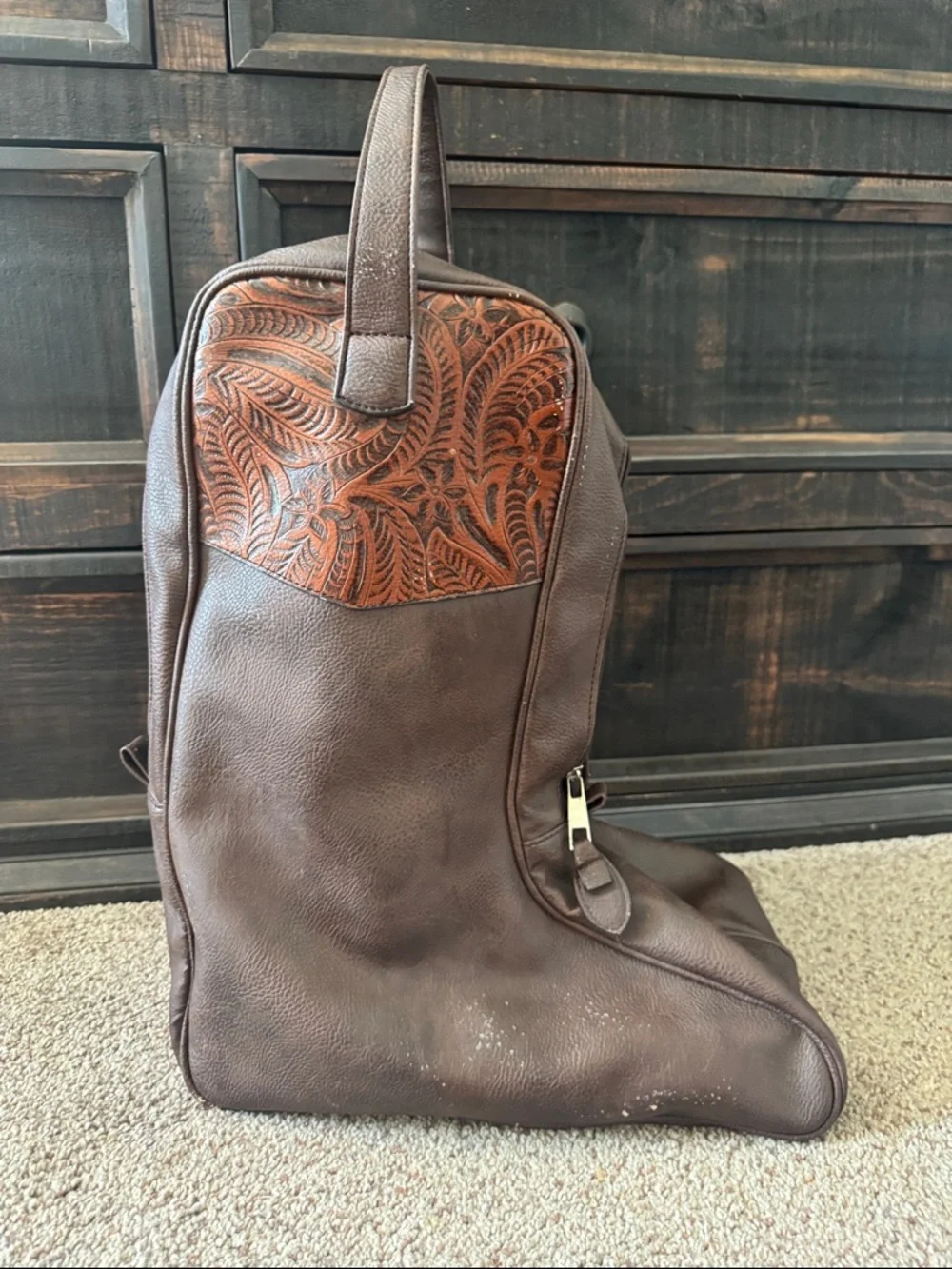 3D Belt Men's Brown Tooled Accent Faux Leather Boot Bag